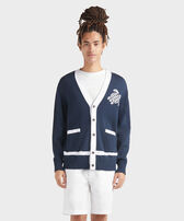 Cardigan uomo in cotone bicolore Turtle Jacquard Blu marine vista frontale indossata