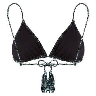 Top de bikini con diseño de triángulo cuerdas y estampado Pearl para mujer Negro vista trasera