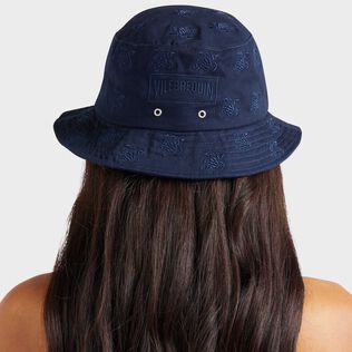 Embroidered Bucket Hat Turtles All Over Navy back worn view