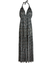 Women Silk Long Backless Dress Pearl Black front view