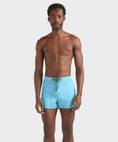 Men Linen Swim trunks Solid Blue topaz front worn view
