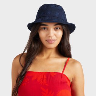 Embroidered Bucket Hat Turtles All Over Navy front worn view